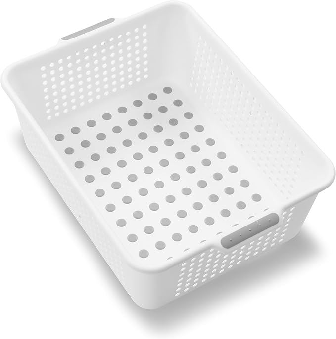 madesmart Medium Storage Basket, Multipurpose Organizer with Soft-Grip Handles, Ventilated Design for Laundry, Bath & Kitchen Storage, White, 14 x 10 x 5"
