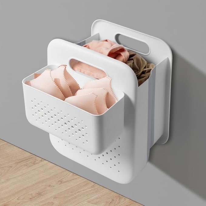 Small Collapsible Laundry Basket, Space-Saving Wall-Mounted Hamper with Detachable Mini-Basket, Portable Hanging Organizer for Clothes, Underwear Socks. (White)