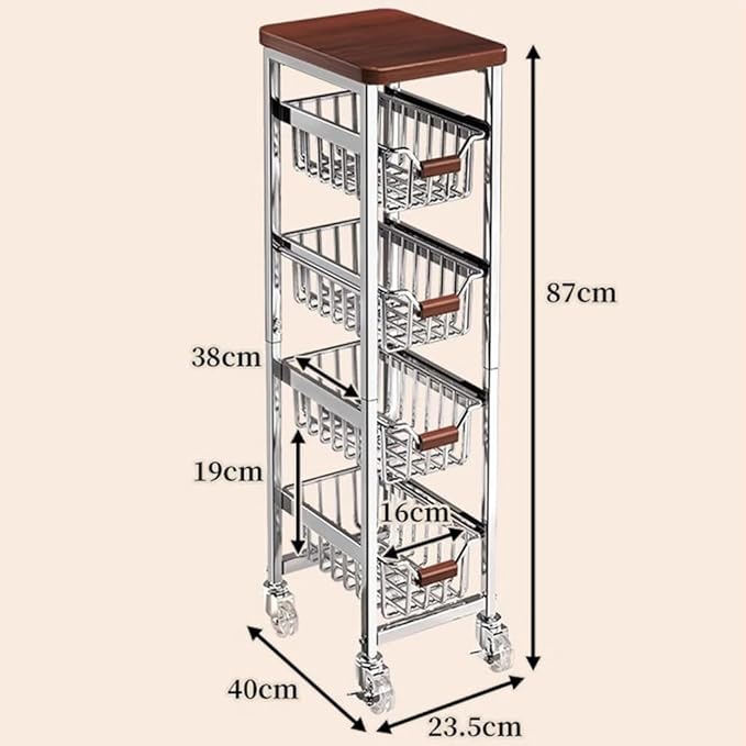 Ultra Slim 5-Tier Rolling Fruit & Vegetable Storage Cart with Removable Drawers, Narrow Metal Kitchen Organizer Cart on Wheels, Fruit Basket Stand & Fruteros para Cocina, Pantry Cart for Storage