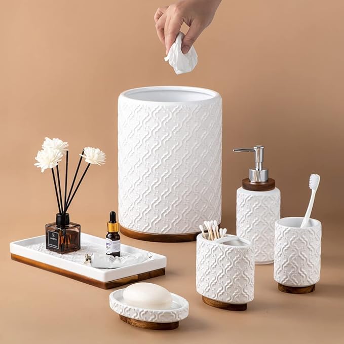Bathroom Accessories Set 6 Pcs Toothbrush Holder Soap Dispenser Ceramic and Wood Bathroom Set with Trash Can Soap Dispenser Toothbrush Holder Tray Tumbler Soap Dish White
