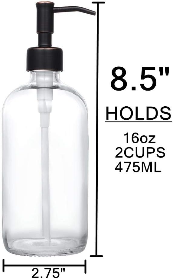 2 Pack Thick Clear Glass Pint Jar Soap Dispenser with Oil Rubbed Bronze Stainless Steel Pump, 16ounce Clear Boston Round Bottles Dispenser with Rustproof Pump for Essential Oil, Liquid Soap