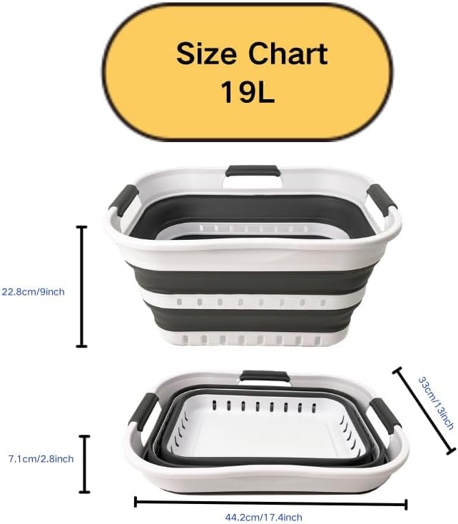 SAMMART Collapsible Plastic Rectangular Laundry Basket - Foldable Pop Up Storage Container/Organizer - Portable Laundry Hamper - Space Saving (White/Steel Grey, 19L)