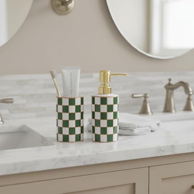 Bathroom Toothbrush Holder Set, Ceramic Checkered Soap Dispenser and Tooth Brush Holder Set, Modern Bathroom Accessories Sets Countertop, Black and White Checkered Bathroom Decor Set (Green)