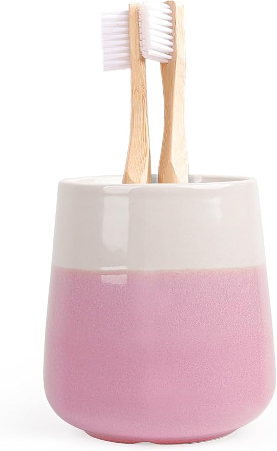 INGOFIN Ceramic Toothbrush Holder Cup, 12 oz Toothpaste Holder for Bathroom Vanity and Countertop, Organizer for Cosmetic, Makeup, Office Pencils, for Hotel Apartment, Beige and Pink