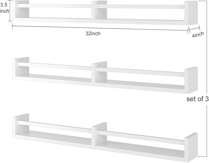 White Nursery Bookshelves,32Inch, Floating Nursery Shelves - Set of 3 - Book Shelf Organizer for Baby Nursery Room Decor, Wall Shelves for Kitchen Spice Rack, Pine