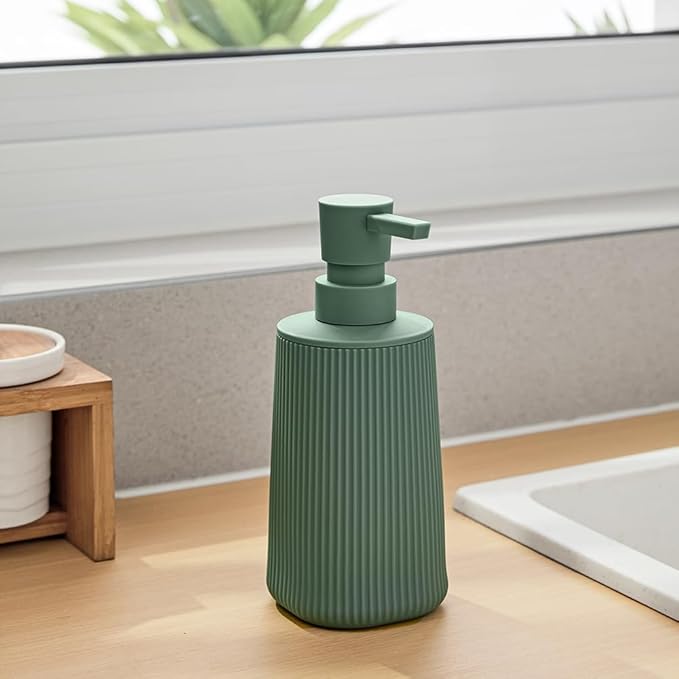 Small Soap Dispenser for Bathroom and Kitchen, Modern Farmhouse Striped Style Plastic Hand Soap Dish Soap Dispenser with Pump Matte Green