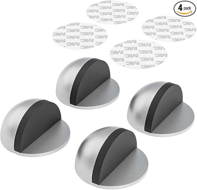 4 Pack Door Stoppers, 3M Adhesive Door Stopper, Stainless Steel Half Dome Floor Door Stop, Brushed Nickel Door Stops, No Drill Door Stopper for Office, Bedroom,Bath Shower Room (Non-magnetic)