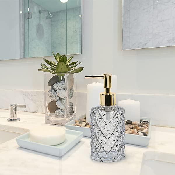 Crystal Glass Soap Dispenser, 330ml/11oz. Clear Glass Lotion Soap Dispenser with Gold Pump, Crystal Design Reusable Hand Soap Dispenser for Kitchen Dish Soap, Shower Gel, Shampoo(Gold Plating Pump)