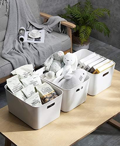 Amyup Set of 4 Plastic Storage Bin,“13.4x10.2x8'' Versatile Kitchen Pantry Organization and Storage,for Plastic Storage Container Under Bed,Under Sink Bathroom Organizer (White,4 Pack Large