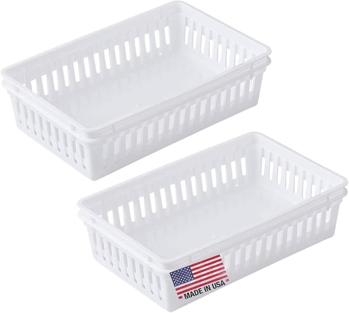 Tribello Plastic Bin Baskets for Organizing, White Storage Tray, Rectangle 9 x 6 x 2 - Pack of 4 - Made in USA