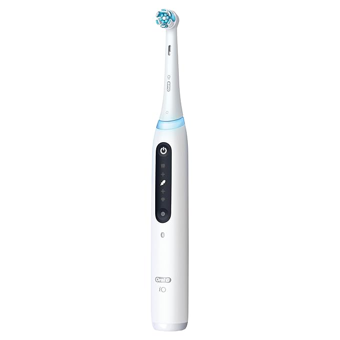 Oral-B iO Deep Clean + Whiten Rechargeable Electric Toothbrush with Visible Pressure Sensor, 2 Minute Timer, 5 Cleaning Settings, 1 iO5 Limited, 3 Toothbrush Heads, Travel Case & Refill Holder, White