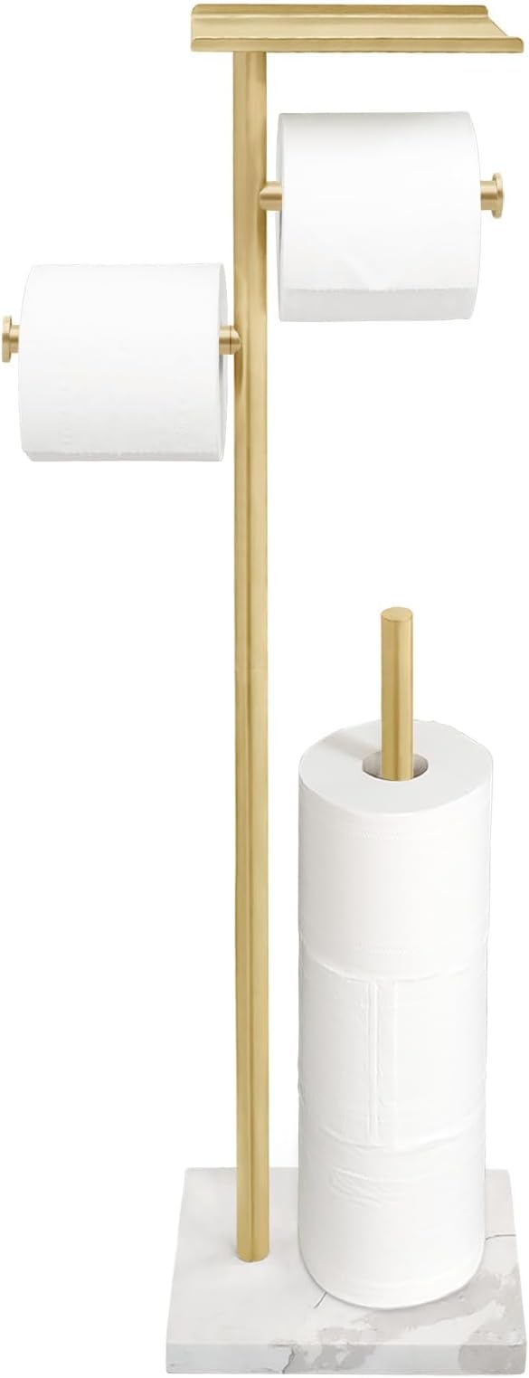 GZILA Brushed Gold Toilet Paper Stand Holder with Shelf, Marble Design Base Free Standing Toilet Paper Roll Holder with 2 Dispenser SUS 304 Stainless Steel Reserve, Storage 5 Rolls