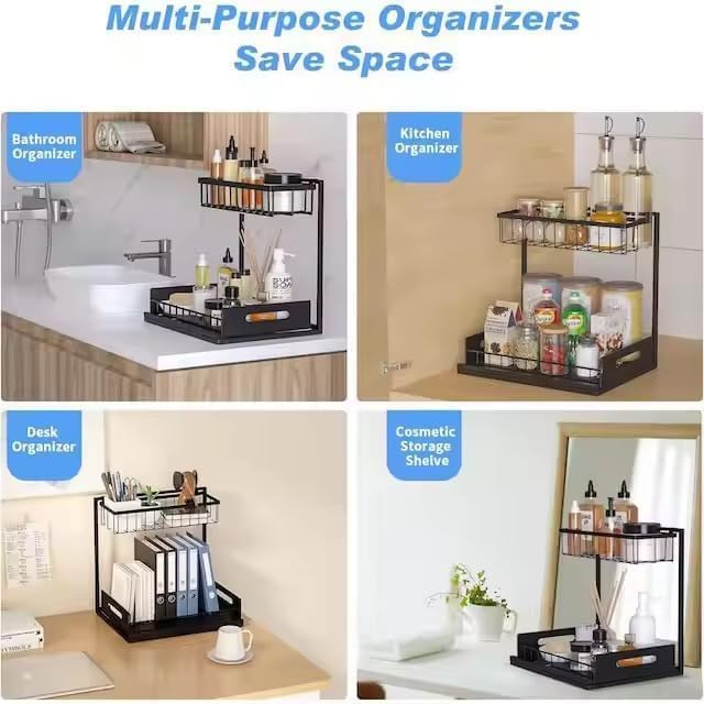 2 Tier Under Sink Storage & Organisation, Under Bathroom Cabinet Storage, Kitchen Sink Organiser Rack, Multi-purpose Under Sink Shelf Organizer- (Black) Set of 2