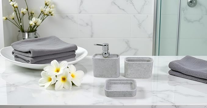 Hymmah Marble Pattern Bathroom Accessories Set, Toothbrush Holdr Set, 3 Pieces Resin Bathroom Set with Toothbrush Holder, Soap Dispenser, Soap Dish,Tumbler(Grey)
