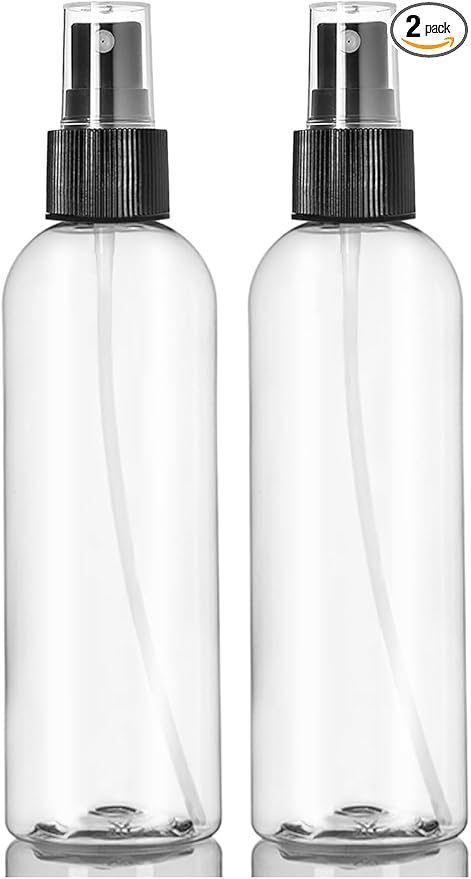 ljdeals 8 oz Clear Plastic Spray Bottles, Black Fine Mist Sprayer, Refillable Empty Bottles for Essential oils, Perfumes, Travel. Pack of 2, Made in USA