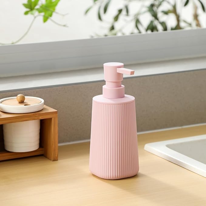 Small Soap Dispenser for Bathroom and Kitchen, Modern Farmhouse Striped Style Plastic Hand Soap Dish Soap Dispenser with Pump Matte Pink for Girls