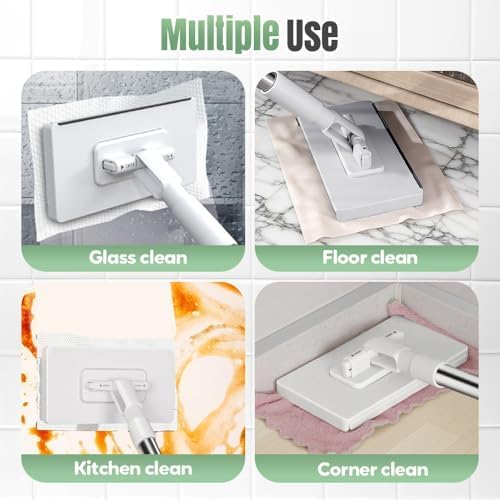 Disposable Dust Mop with Pressure Clamping System, 39 inch Long Handle Wet and Dry Flat Mopping Sweeper Stick with Locking Head & Sweeping Cloths for Multi Surface Floor Cleaning (1 mop+10 Clothes)