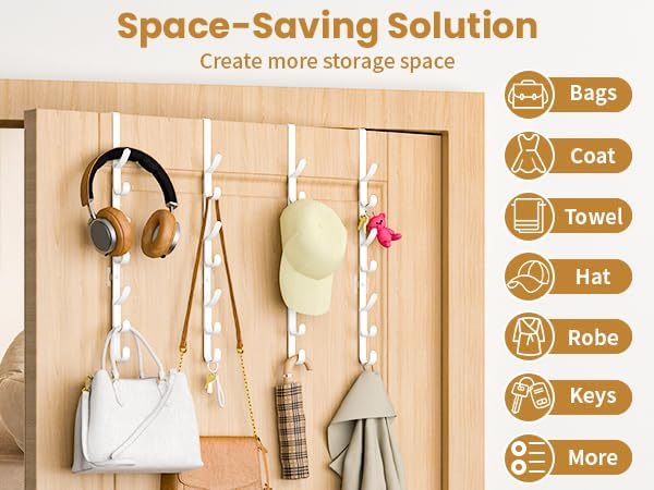 Over The Door Hooks, Metal Door Hooks for Hanging,Door Purse Organizer for Door Coat Hanger, Back of Shower for Hanging Towel Rack Clothes, Hat, Bathroom Bathroom Dorm Bedroom Closet (White-4Packs)