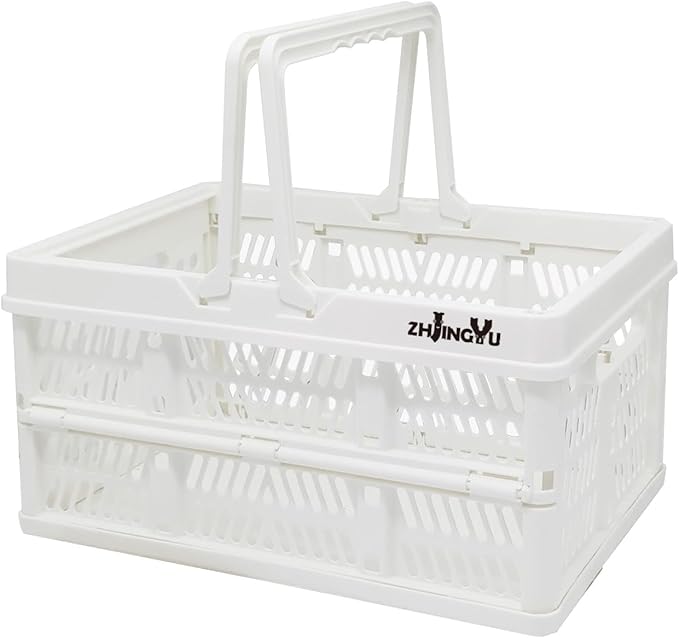 crates for storage,plastic baskets for organizing,collapsible shopping basket,foldable crate with Handles,collapsible storage crate,car basket,for Kitchen,Bathroom,Medicine (White, S)