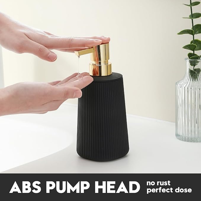 Small Soap Dispenser for Bathroom and Kitchen, Modern Farmhouse Striped Style Plastic Hand Soap Dish Soap Dispenser with Pump Matte Black and Gold