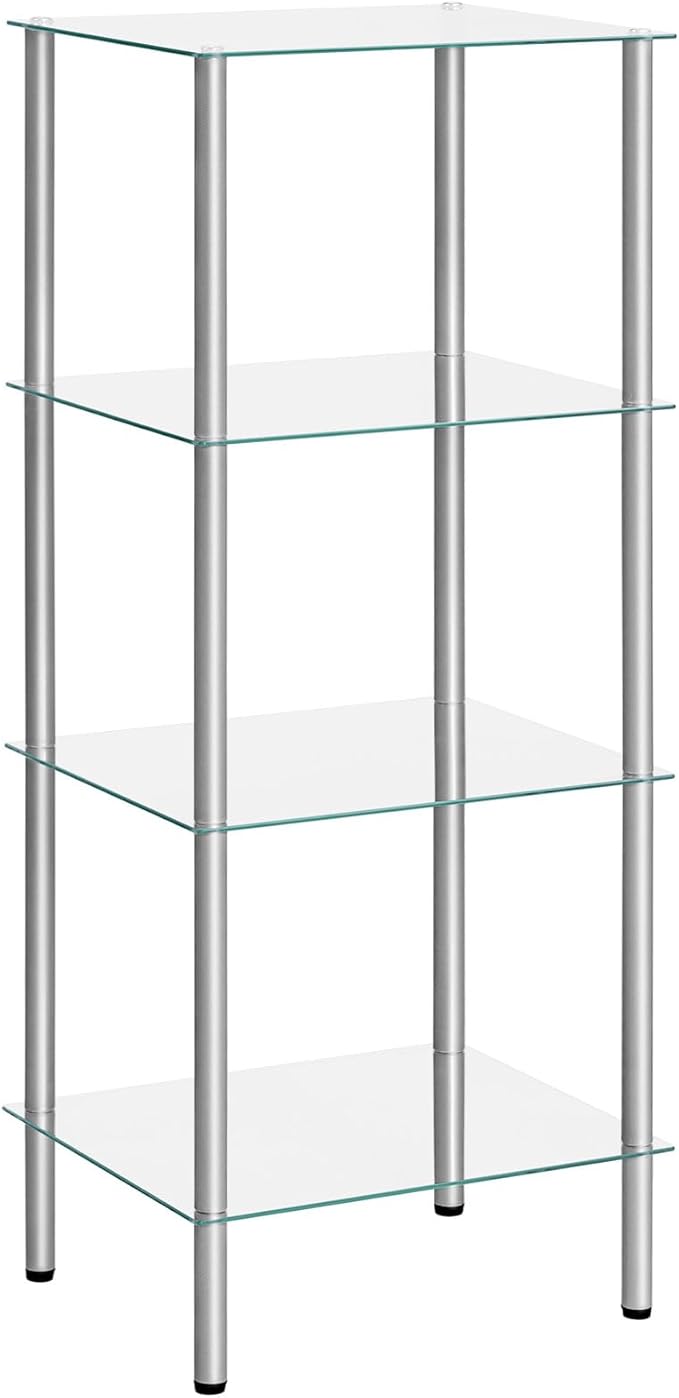 HOOBRO Glass Shelf, 4 Tier Bathroom Standing Shelf Unit, Tempered Glass Shelving Stand for Small Space, Perfume Stand Organizer, Space-Saving, for Bathroom, Bedroom, Steel Frame, Silver SV04CJ01