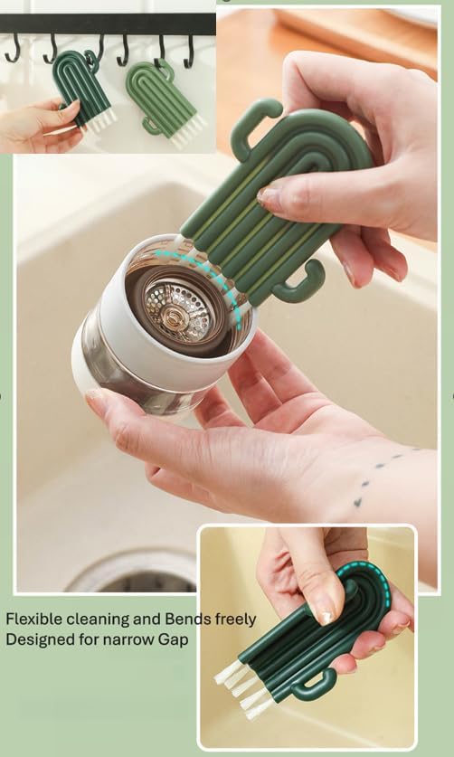 Kitchen Cleaning Brush Set with Holder & Drip Tray – 3 Head Cactus Scrub Brush, Row Brush, Mini Dish & Pot Brushes – Durable Multi-Purpose Scrubbers for Sink, Pans, Plates, Cups (Green)