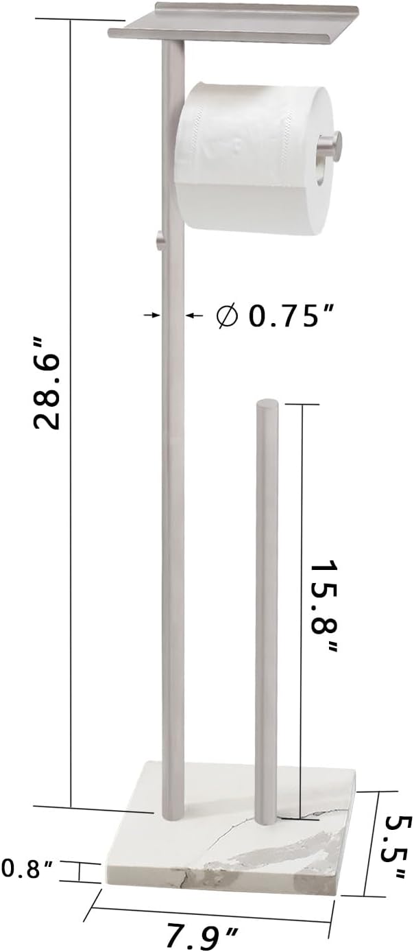 GZILA Toilet Paper Holder Stand with Shelf, Marble Base Heavy Free Standing Toilet Paper Double Roll Holders SUS304 Stainless Steel Brushed Nickel, Storages 4 Reserve Rolls Dispenser