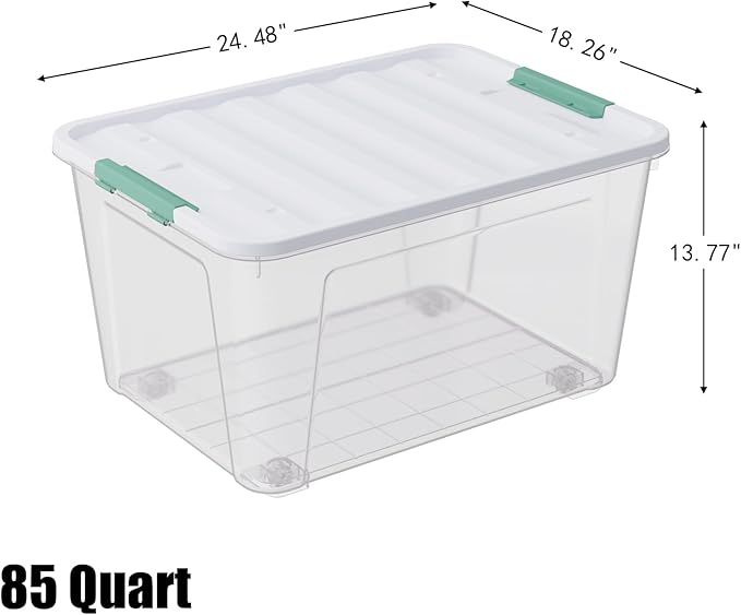 Haodehen 4-Pack Clear Plastic Storage Box with Wheels, 85 Quart Large Plastic Storage Bins with Latch Lids