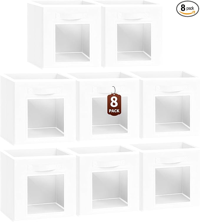 Storage Cube 11 Inch - Cube Storage Bins with Window, Closet Storage Baskets with Handle, Fabric Bins for Closet, Shelves, Toys, Clothes, Set of 8, White