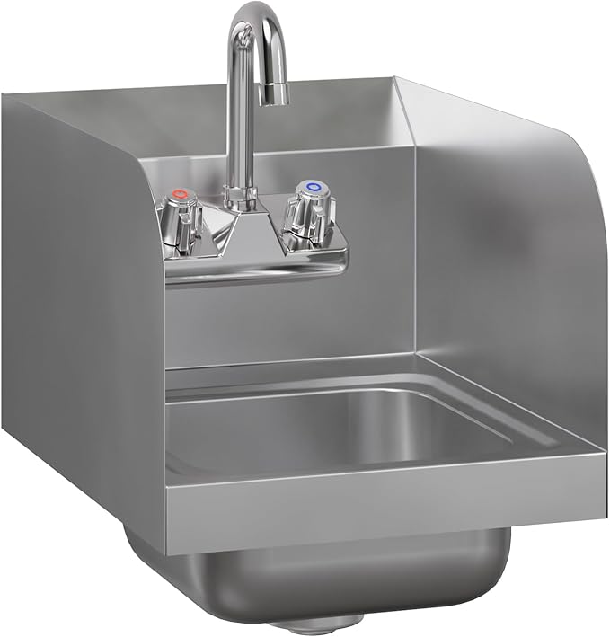 AmGood Stainless Steel Wall Mount Hand Sink with Faucet and Sidesplash 12" x 16" | NSF Commercial Hand Washing Basin For Restaurant, Kitchen and Home | Bowl Size: 9" x 9"
