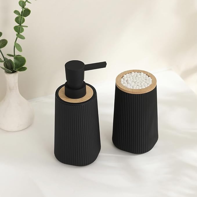 Bathroom Accessories 2 Piece Soap Dispenser and Toothbrush Holder Set Striped Black and Bamboo