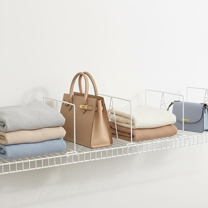 Wire Shelf Dividers - White Closet Organization & Storage Organizer - No Tool Shelf Divider for Wire Shelves - Metal Shelf Accessories – for 12“ Deep Wire Shelves – Tall 7” Height – 4 Pack