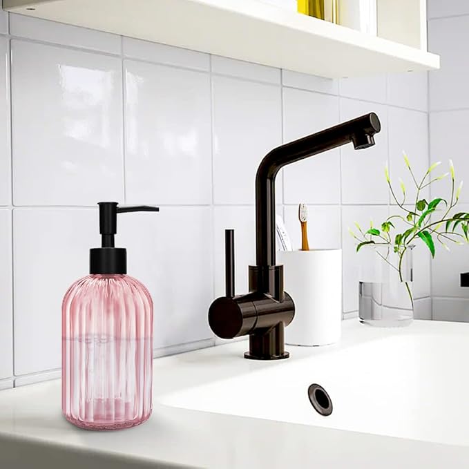 Pack of 2 Glass Soap Dispenser with Black Pump, 400 ml Refillable Pump Dispenser for Kitchen, Bathroom, Laundry Room, Liquid Glass Bottle for Washing Up Liquid, Shampoo, Conditioner (Pink)