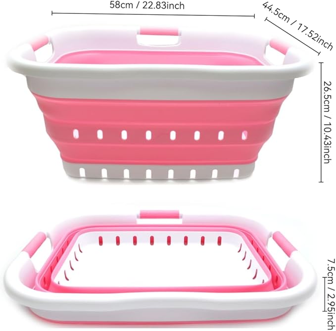 SAMMART 41L Collapsible 3 Handled Plastic Laundry Basket - Foldable Pop Up Storage Container/Organizer - Portable Basket - Space Saving Hamper/Basket (3 handled rectangular, White/Pink)