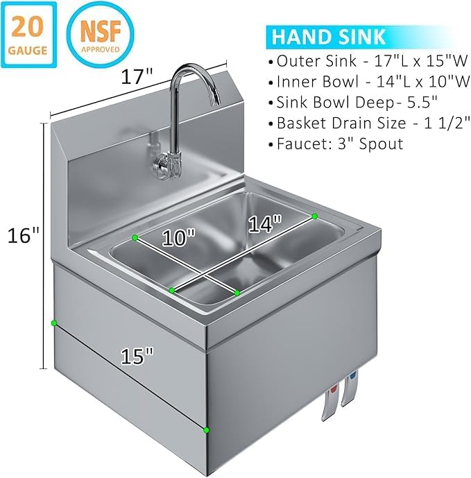 Stainless Steel Wall Mount Hand Sink with Gooseneck Faucet, Knee Pedals & Side Splash | 17" x 15" Commercial Basin for Kitchen or Janitorial Use, NSF (17" x 15" with Knee Pedals)