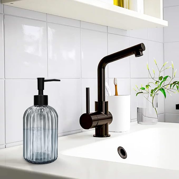 Pack of 2 Glass Soap Dispenser with Black Pump, 400 ml Refillable Pump Dispenser for Kitchen, Bathroom, Laundry Room, Liquid Glass Bottle for Washing Up Liquid, Shampoo, Conditioner (Gray)