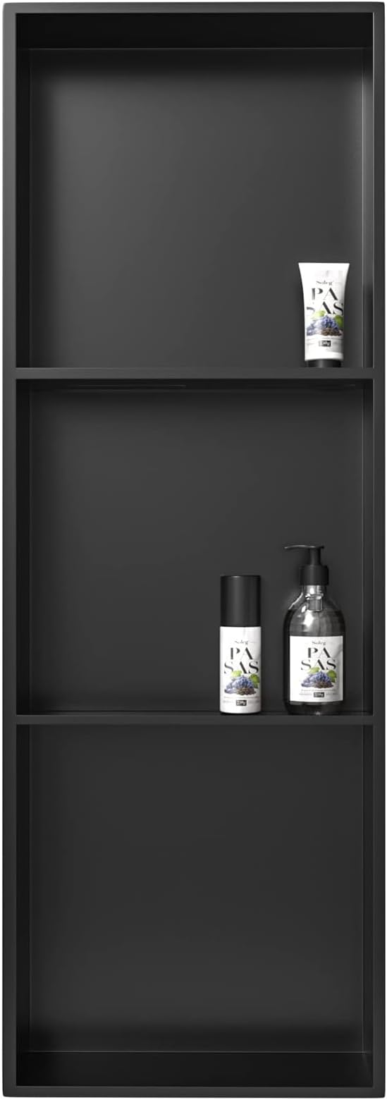 BATHFINESSE Shower Niche 8" X 36" Black, 3 Shelves Wall Niche Stainless Steel Recessed Shower Shelf for Bathroom Storage, No Tile Needed Over Mount Installation