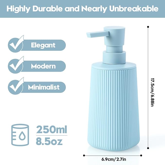 Small Soap Dispenser for Bathroom and Kitchen, Modern Farmhouse Striped Style Plastic Hand Soap Dish Soap Dispenser with Pump Teal Blue