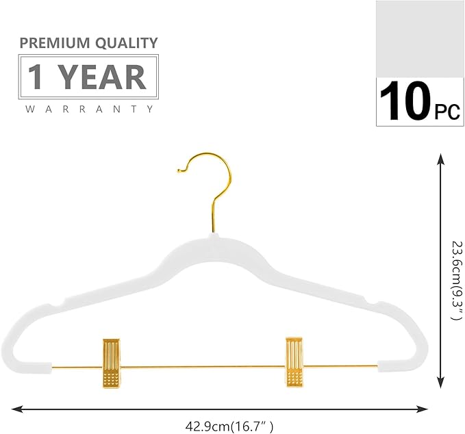 MIZGI Premium Velvet Pants Hangers with Adjustable Clips (Pack of 10) Slim Skirt Hangers- Non Slip Felt Outfit Dress Hangers White - Gold Hooks,Space Saving Shirt Clothes Hangers