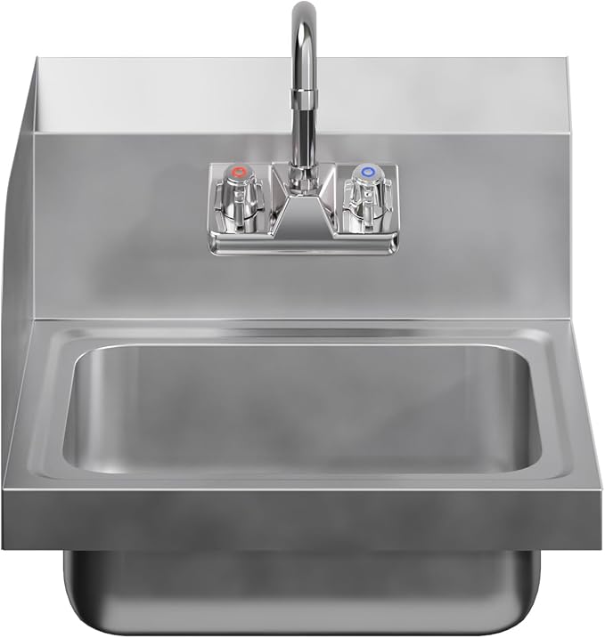 AmGood Stainless Steel Wall Mount Hand Sink with Faucet and Left Sidesplash 17" x 15" | NSF Commercial Hand Washing Basin For Restaurant, Kitchen and Home | Bowl Size: 10" x 14"