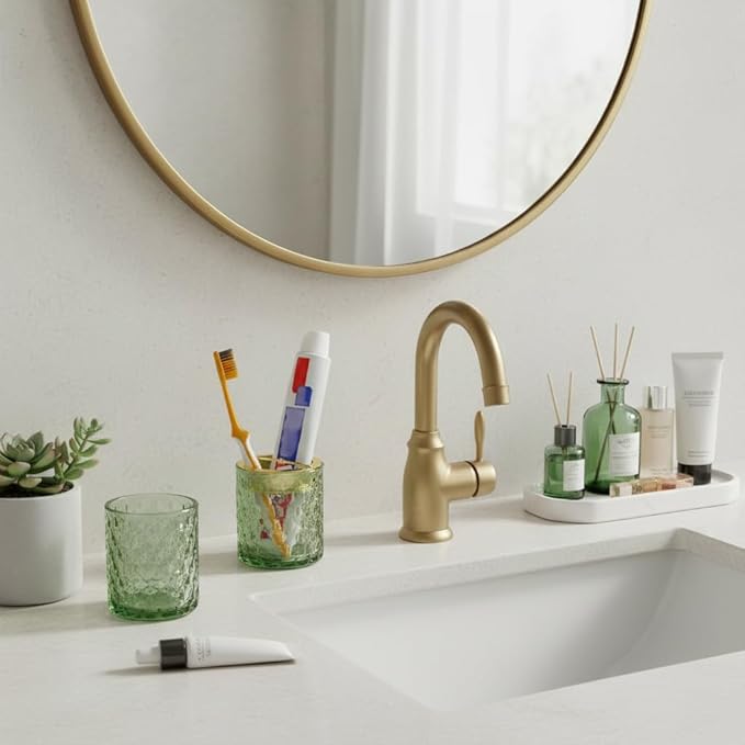 2pcs Green Toothbrush Holders for Bathrooms, Glass Toothbrush Holder and Bathroom Tumbler Set, Gold Tooth Brush Cup Holder, Bathroom Counter Organizer for Brushes, Toothpaste