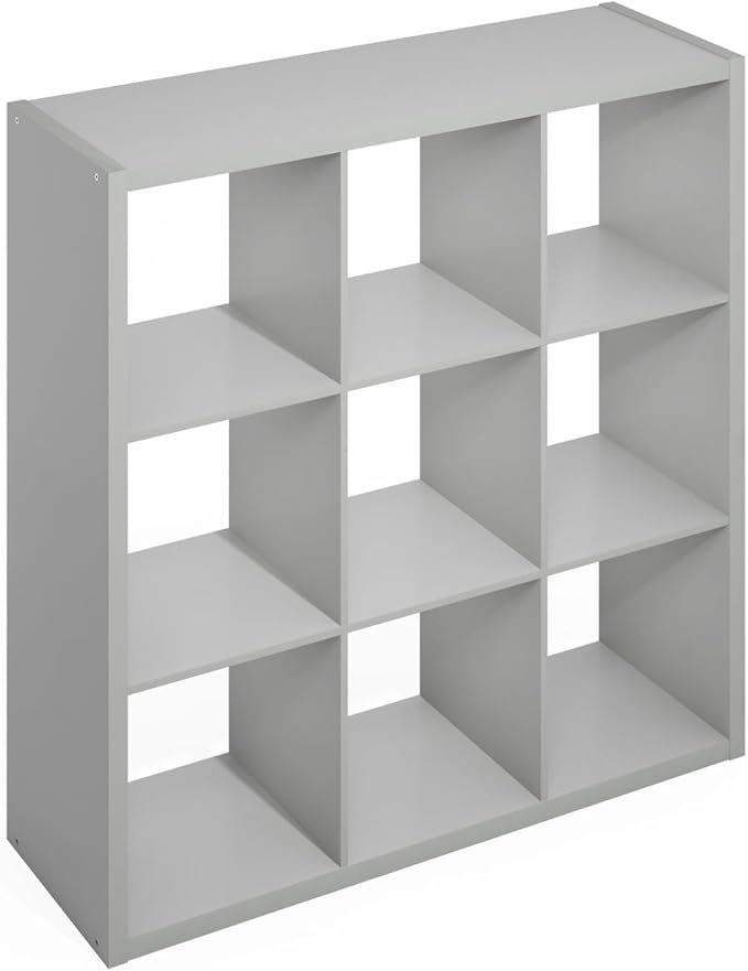 Furinno Simple Cube Storage Organizer, 9-Cube Display Shelf, Open Back Shelving Unit, Storage Shelves, Extra Thick Frame, for Organization and Storage, Living Room, Home Office, Light Grey