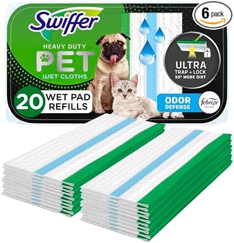 Swiffer Heavy Duty Mop Wet Multi-Surface Cloth Refills for Floor Mopping and Cleaning,Pet with Febreze Odor Defense,20 Count (Pack of 6)