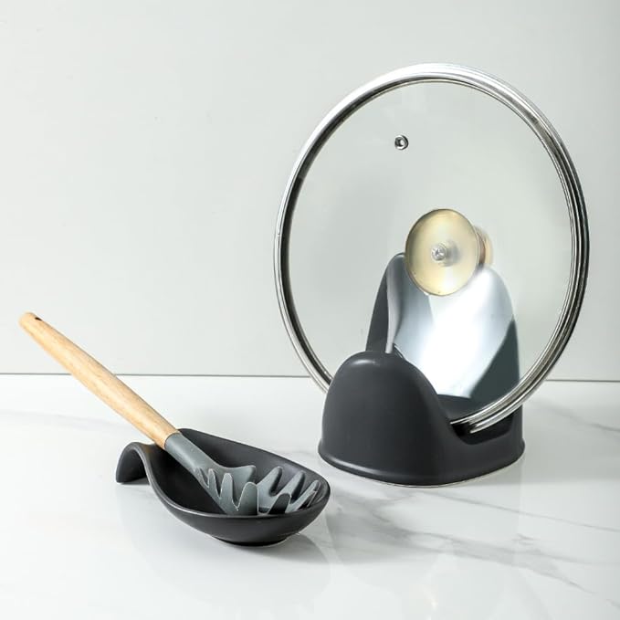 Nihow Pot Lid Holder and Spoon Rest for Kitchen Counter/Stove Top While Cooking - Heat Resistant & Dishwasher Safe - Elegant Matte Black Sets