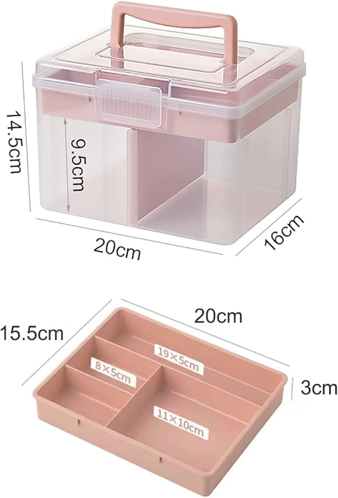 FOREVERIE Small Portable Plastic Storage Box for Beauty Ornaments Hair Nail Accessories, Cosmetic Case with Handle & Removable Tray & a Divider, Sewing Box Organizer, Kids Art Box (Clear & Pink)