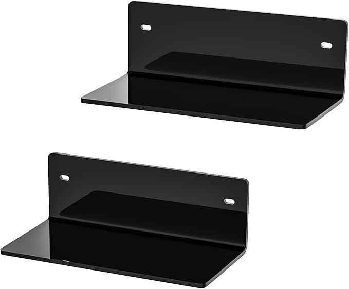 8 Inch Black Small Wall Shelves, Acrylic Wall Mounting Ledges Display, Acrylic Black Shelf for Figures, Collectibles, Plants, Décor, Toiletries, 4'' Depth, 2 Pack