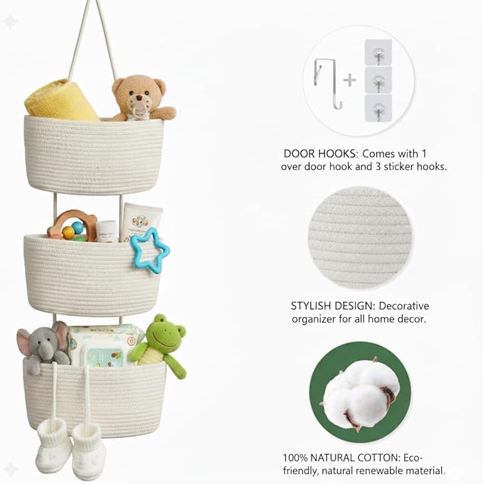 Britwicfr Over the Door Hanging Basket, Decorative Hanging Basket Storage, Organizing, Wall Basket Decorative Boho Decor for Nursery, Bedroom, Living Room with 4 Hooks, Whte