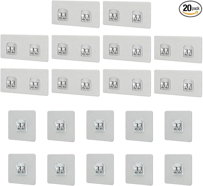 XnxnzhHo 20 Pack Shower Caddy Adhesive Hooks Stickers for Replacement, Strong Transparent Adhesive Hooks,No Drilling, for Corner Shelf Basket, Kitchen Racks, Bathroom Storage Shelves, 2 Sizes