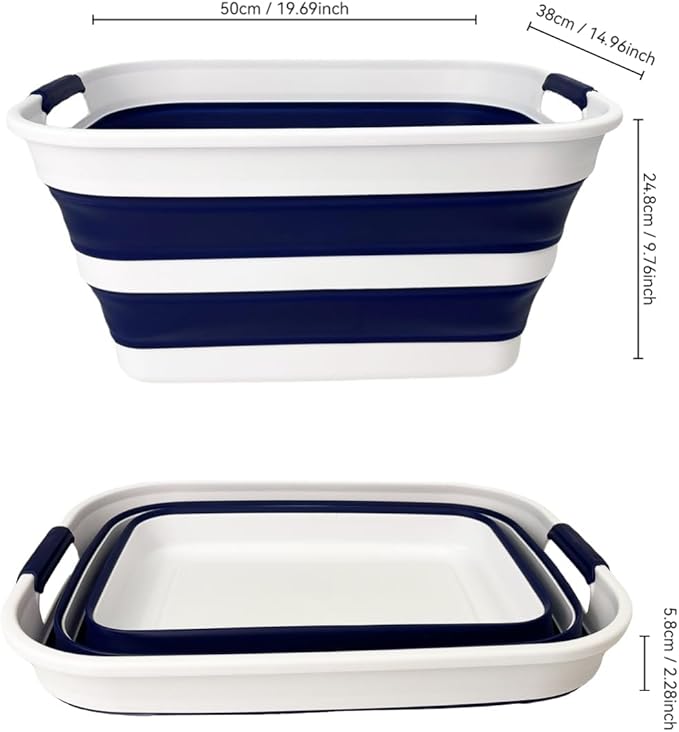 SAMMART Collapsible Plastic Laundry Basket with Handle/Foldable Pop Up Storage Hamper/Portable Laundry Organizer-Space Saving Washing Tub/Household Storage (White/Starry Blue, 27L (Set of 2))
