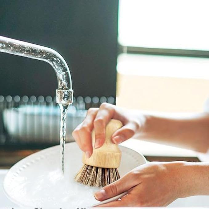 6 Pcs Bamboo Wok Brush - Hard Bristle, Eco-Friendly Bamboo Brush for Dishes, Biodegradable, Kitchen Dish Brush for Cleaning Pots, Pans, Grills and Stoves